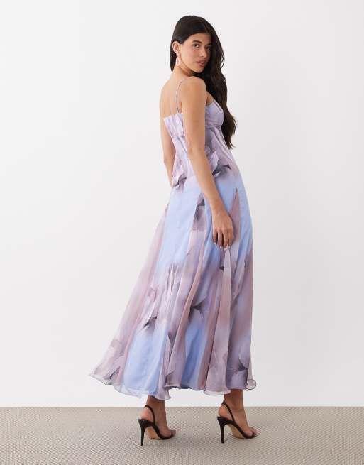 ASOS DESIGN - Vestito lungo in chiffon lilla a fiori con spalline sottili e godet, 2 di 4