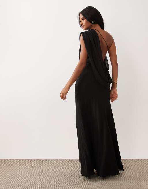 ASOS DESIGN - Vestito lungo in chiffon nero con spalle drappeggiate e scollo ad anello sul retro, 4 di 4