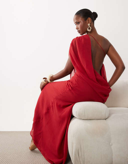ASOS DESIGN - Vestito lungo in chiffon rosso con spalle drappeggiate e scollo ad anello sul retro, 4 di 4