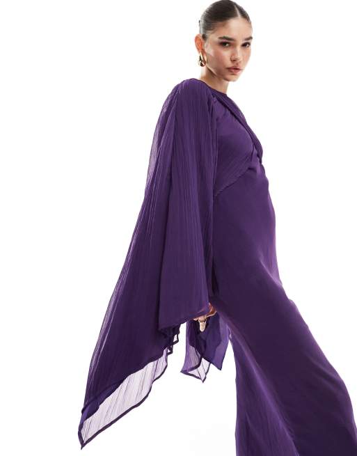 ASOS DESIGN - Vestito lungo in chiffon stropicciato avvolgente con fondo asimmetrico e maniche oversize viola, 3 di 4