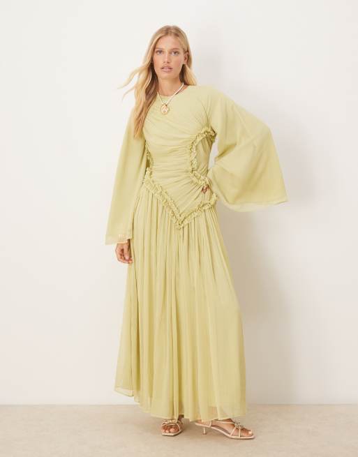 ASOS DESIGN - Vestito lungo in chiffon stropicciato con dettagli raccolti e volant micro verde salvia