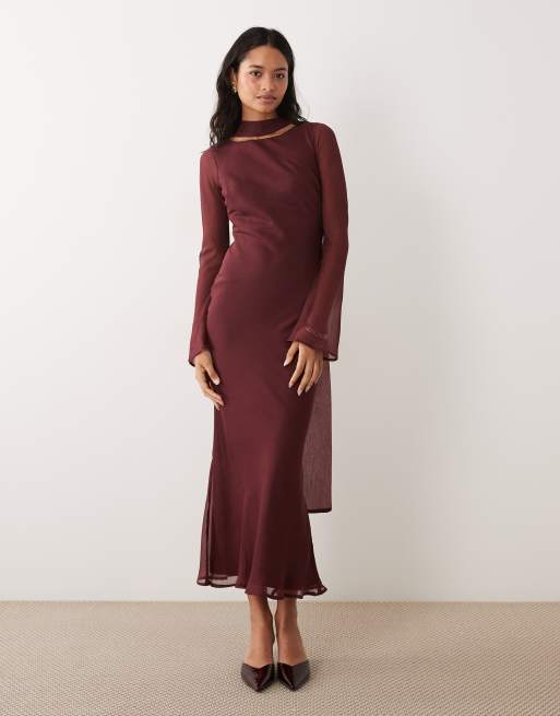 ASOS DESIGN vestito lungo in chiffon taglio sbieco con sciarpa abbinata bordeaux, 1 di 4