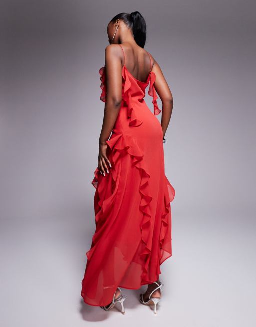 ASOS DESIGN - Vestito lungo in chiffon testurizzato rosso con volant, 3 di 4
