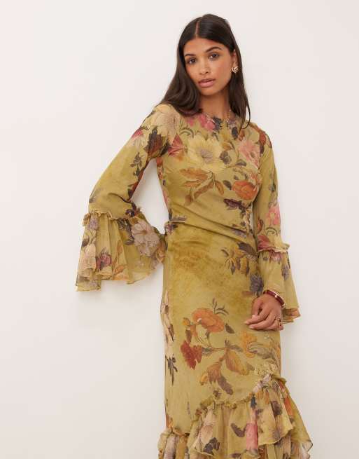 ASOS DESIGN - Vestito lungo in chiffon verde a fiori a maniche lunghe con volant a balze, 4 di 4