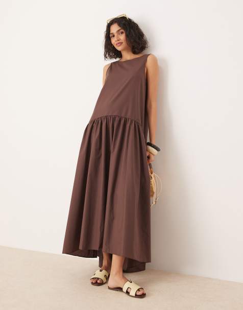 ASOS DESIGN - Vestito lungo in cotone color cioccolato con vita scesa - view 1