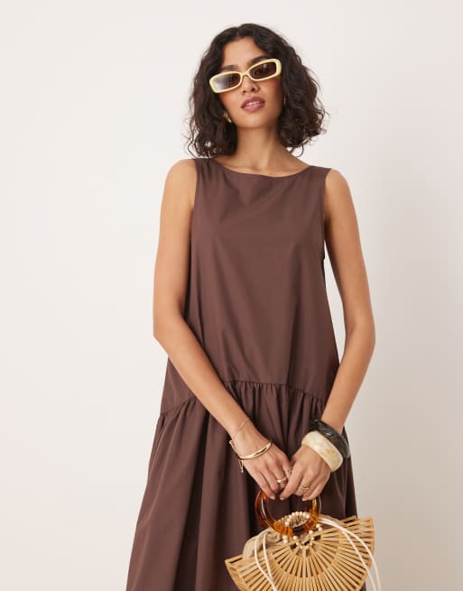 ASOS DESIGN - Vestito lungo in cotone color cioccolato con vita scesa, 3 di 4