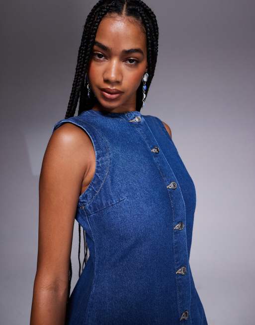 ASOS DESIGN - Vestito lungo in denim blu medio con scollo rotondo e bottoni sul davanti, 3 di 4