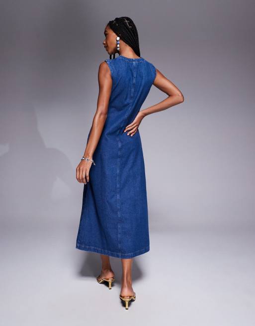 ASOS DESIGN - Vestito lungo in denim blu medio con scollo rotondo e bottoni sul davanti, 4 di 4