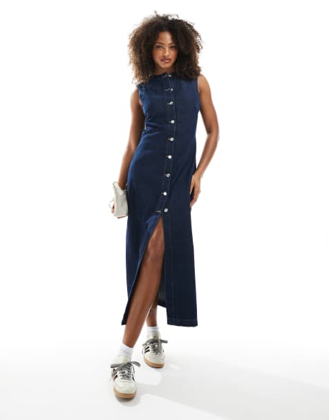 ASOS DESIGN - Vestito lungo in denim indaco con scollo rotondo e bottoni sul davanti - view 1