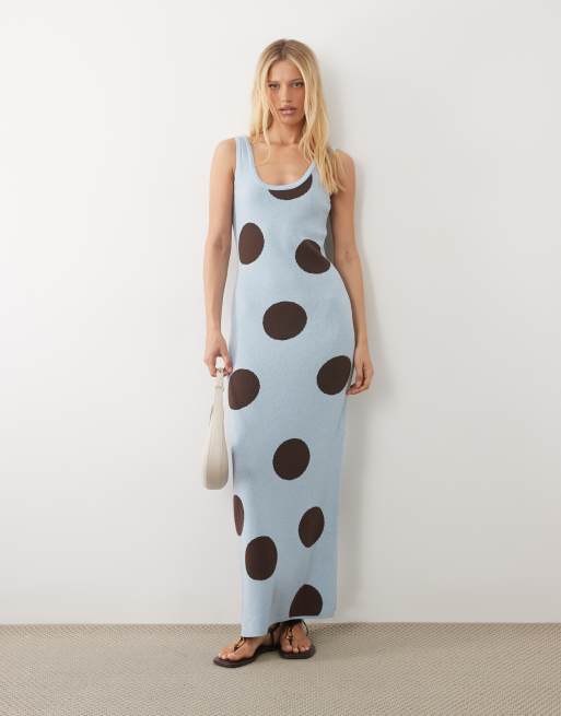 ASOS DESIGN - Vestito lungo in maglia blu a pois, 3 di 4