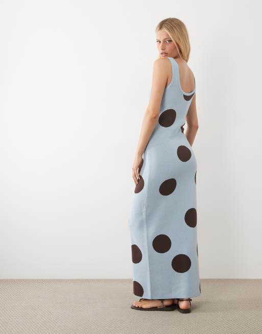 ASOS DESIGN - Vestito lungo in maglia blu a pois, 4 di 4