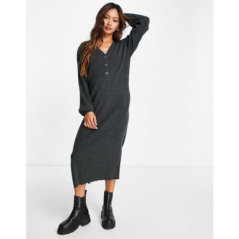 1vUL0 Donna DESIGN - Vestito lungo in maglia grigio con abbottonatura e tasche