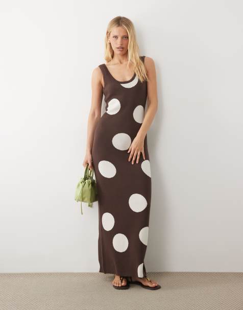 ASOS DESIGN - Vestito lungo in maglia marrone a pois - view 1