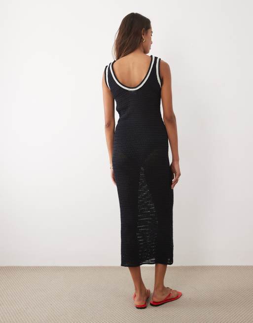 ASOS DESIGN - Vestito lungo in maglia nero con bordi a contrasto, 4 di 4