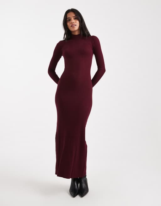 ASOS DESIGN - Vestito lungo in maglia sottile bordeaux con dettaglio a coste