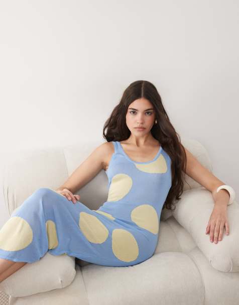 ASOS DESIGN - Vestito lungo in maglia sottile trasparente blu a pois - view 1