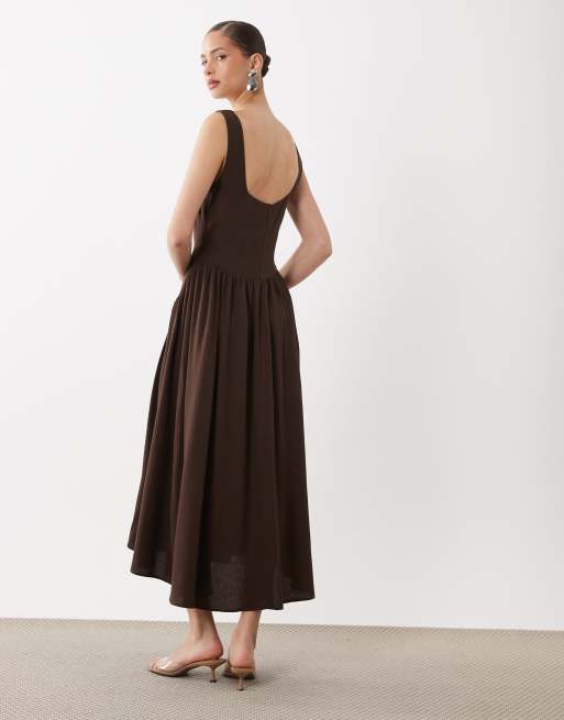 ASOS DESIGN - Vestito lungo in misto lino color cioccolato con vita scesa, 4 di 4