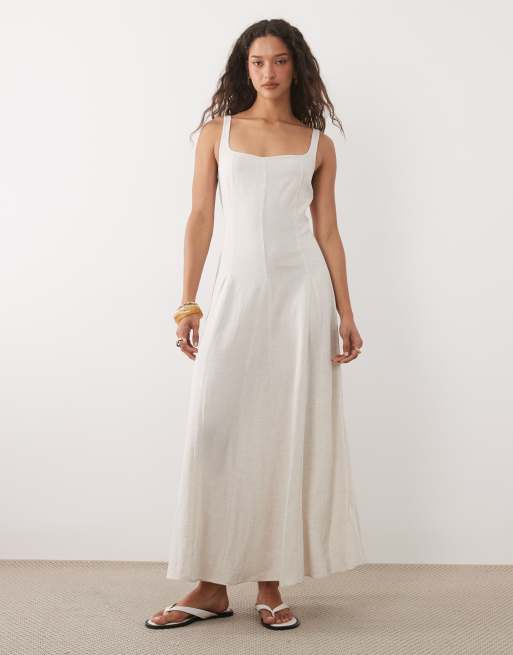 ASOS DESIGN - Vestito lungo in misto lino colore neutro con cuciture a vista