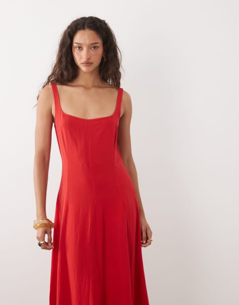 ASOS DESIGN - Vestito lungo in misto lino rosso con cuciture a vista - view 1