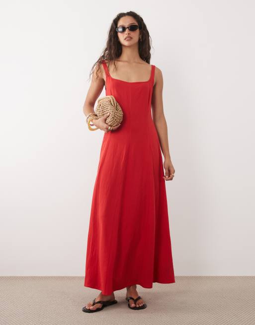 ASOS DESIGN - Vestito lungo in misto lino rosso con cuciture a vista, 2 di 4