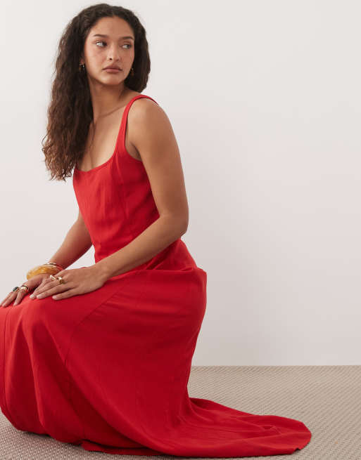 ASOS DESIGN - Vestito lungo in misto lino rosso con cuciture a vista, 3 di 4