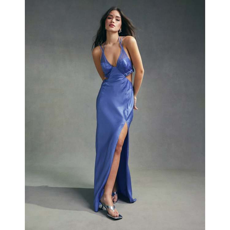 ASOS DESIGN Vestito lungo in misto raso blu con cut-out in vita