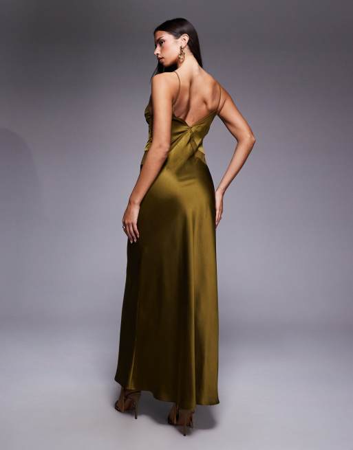 ASOS DESIGN - Vestito lungo in misto raso e chiffon verde oliva con scollo squadrato accollato, 3 di 4