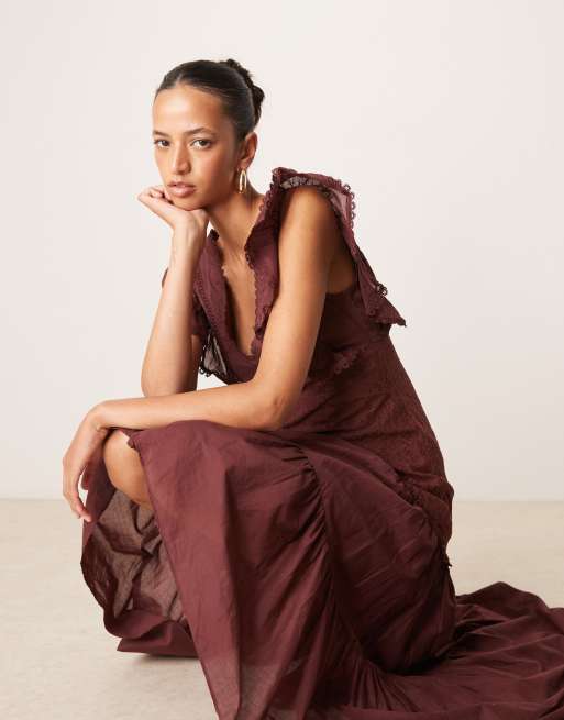 ASOS DESIGN Vestito lungo in misto voile e pizzo bordeaux ASOS