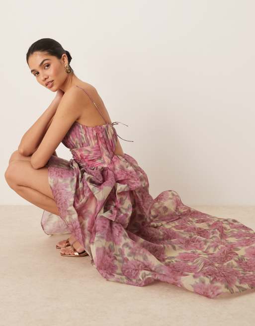 ASOS DESIGN Vestito lungo in organza rosa a fiori con fondo