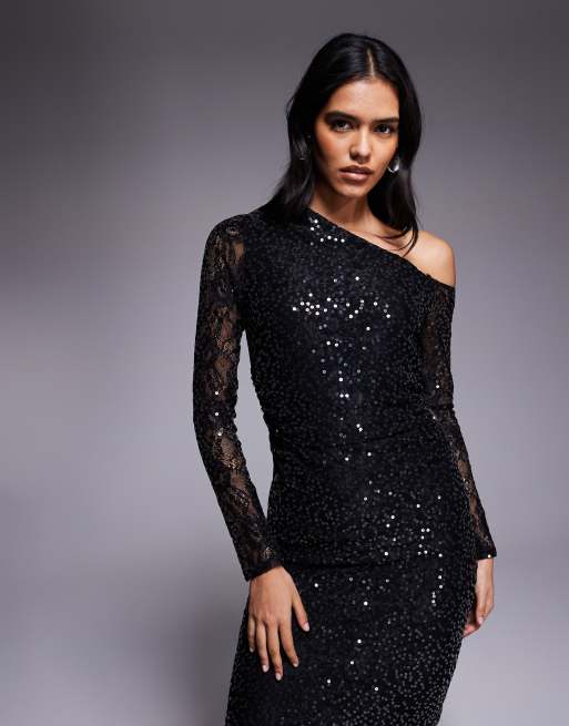 ASOS DESIGN - Vestito lungo in paillettes e pizzo nero con spalle scoperte, 2 di 4