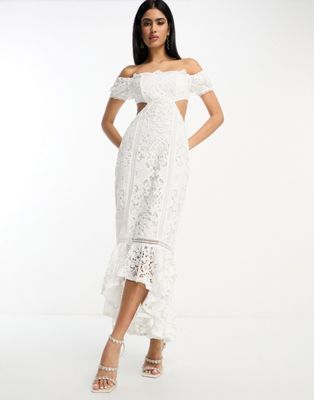 ASOS DESIGN lace bardot cut out maxi dress with frill hem in white - ASOS Price Checker