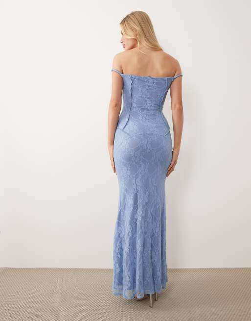 ASOS DESIGN - Vestito lungo in pizzo celeste con cuciture a vista e spalline attorcigliate, 4 di 4