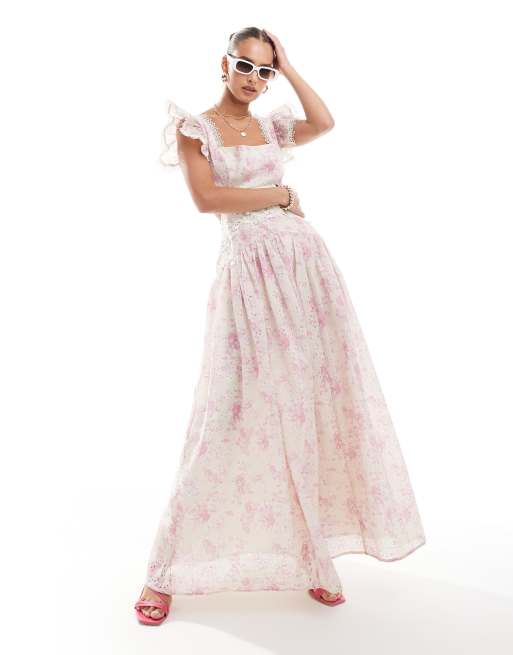 ASOS DESIGN - Vestito lungo in pizzo con scollo a cuore e stampa a fiori