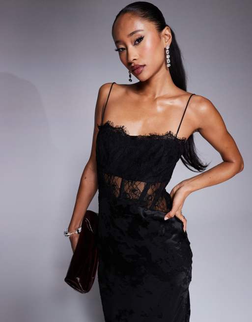 ASOS DESIGN Vestito lungo in pizzo nero con corsetto dévoré ASOS
