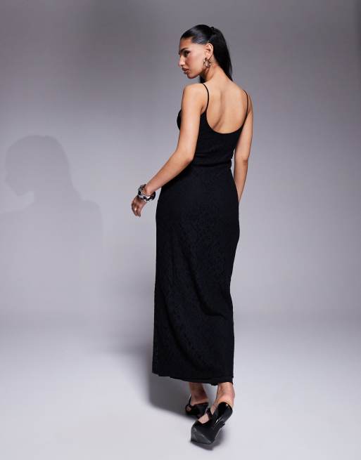 ASOS DESIGN - Vestito lungo in pizzo nero con scollo ad anello, spalline sottili e pannelli a rete, 4 di 4