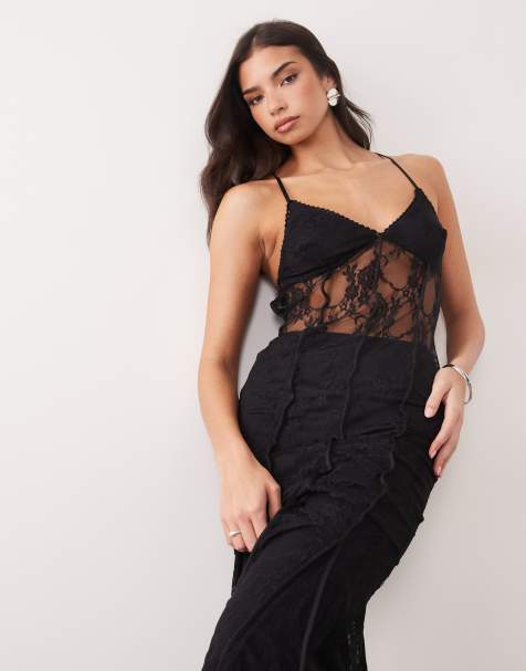 ASOS DESIGN - Vestito lungo in pizzo nero con spalline sottili e fondo godet - view 1