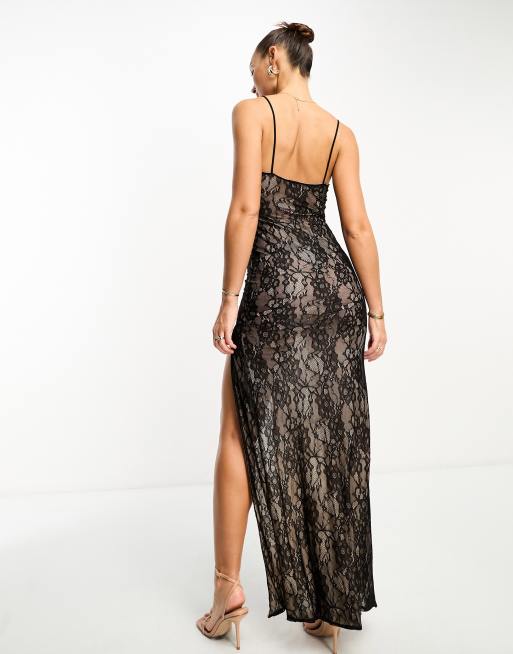 ASOS DESIGN Vestito lungo in pizzo nero trasparente con spacco profondo ASOS