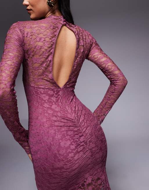 ASOS DESIGN - Vestito lungo in pizzo rosa con pannelli e cut-out, 2 di 4