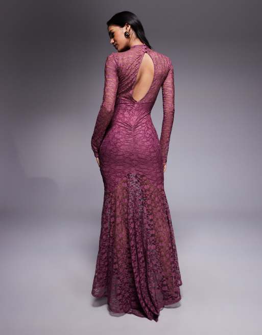 ASOS DESIGN - Vestito lungo in pizzo rosa con pannelli e cut-out, 3 di 4