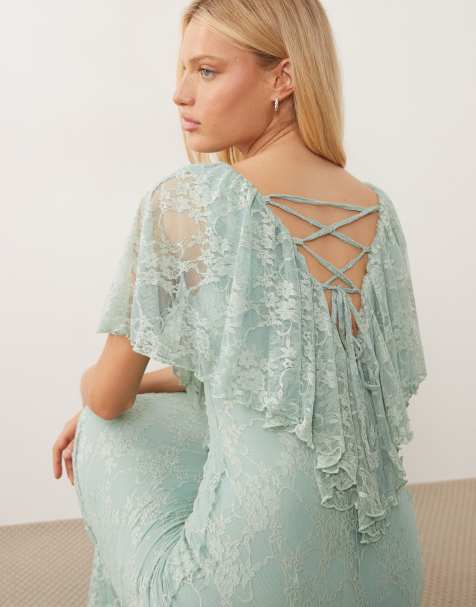 ASOS DESIGN - Vestito lungo in pizzo verde menta con volant e scollo a V - view 1