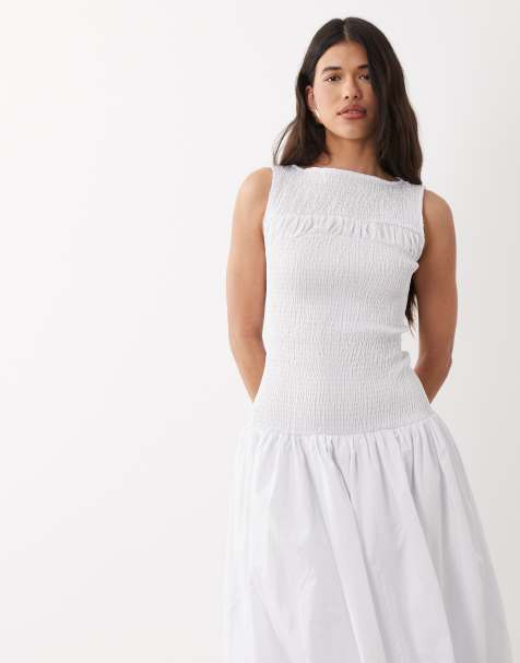ASOS DESIGN - Vestito lungo in popeline arricciato color panna con gonna voluminosa - view 1