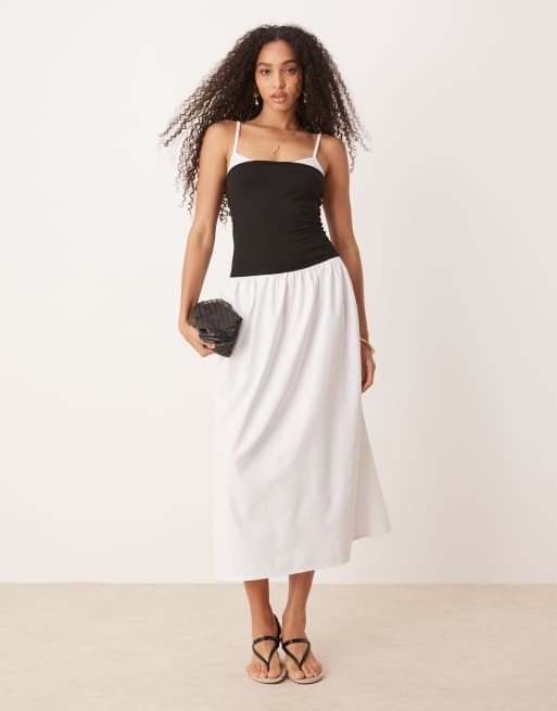 ASOS DESIGN - Vestito lungo in popeline color avorio e nero stretto in vita