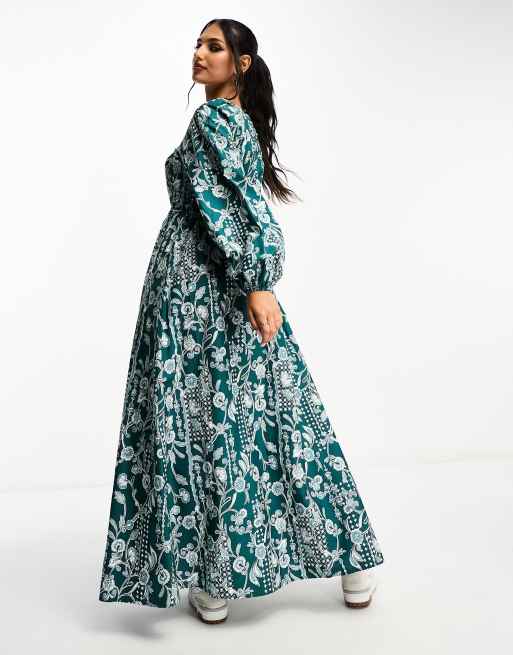 ASOS DESIGN - Vestito lungo in popeline di cotone con bustino arricciato verde con stampa cachemire, 4 di 4