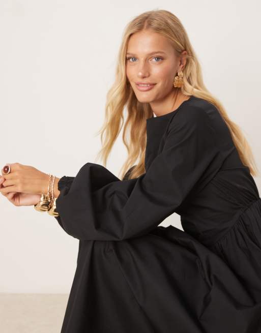 ASOS DESIGN - Vestito lungo in popeline nero con maniche voluminose, 2 di 4