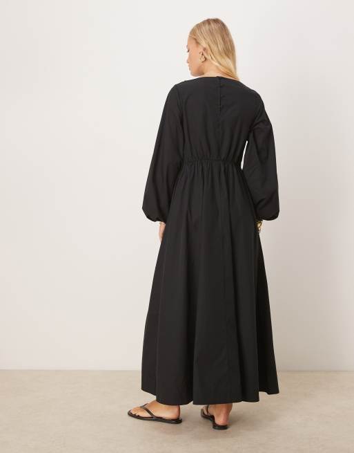 ASOS DESIGN - Vestito lungo in popeline nero con maniche voluminose, 3 di 4