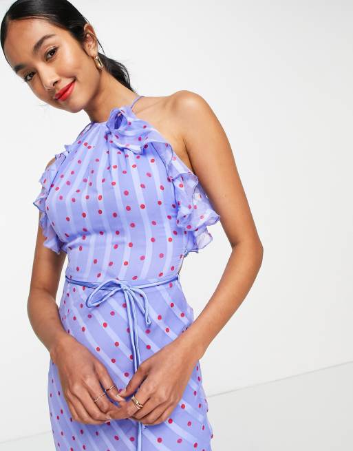 ASOS DESIGN - Vestito lungo in raso a pois e a righe allacciato al collo con volant drappeggiati e allacciatura, 3 di 4