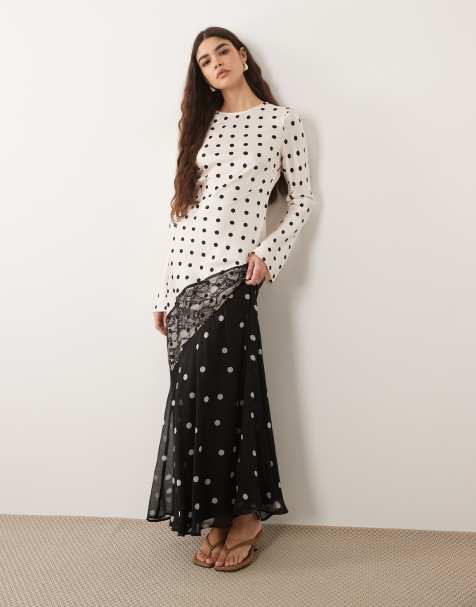 ASOS DESIGN - Vestito lungo in raso a pois monocromatici con finiture in pizzo - view 1