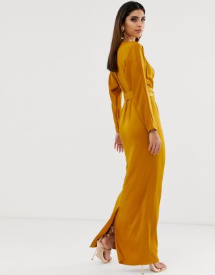 Vestito lungo in raso avvolgente in vita con maniche ad ali di pipistrello, color senape-Giallo - ASOS DESIGN  donna Giallo - immagine1