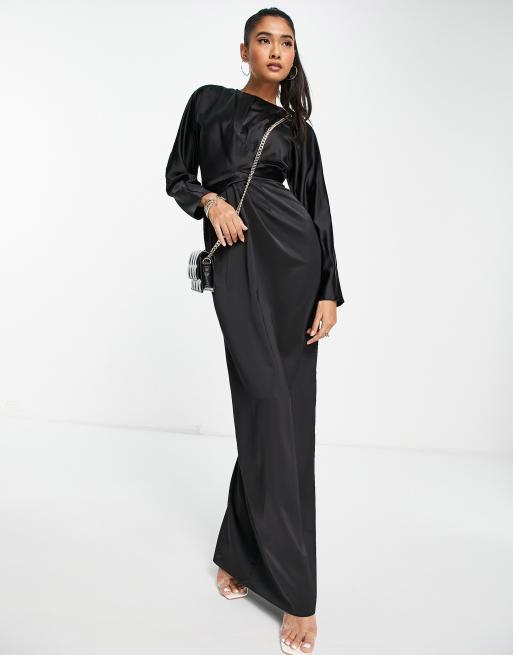 ASOS DESIGN - Vestito lungo in raso avvolgente in vita con maniche ad ali di pipistrello, colore nero
