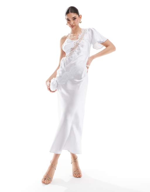 ASOS DESIGN - Vestito lungo in raso blu chiaro monospalla con inserti in pizzo e incrocio sulla schiena